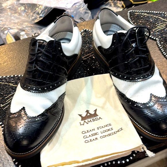 Lambda Black & White Croc Textured Genuine Leather Waterproof Golf Shoes. - Picture 1 of 8